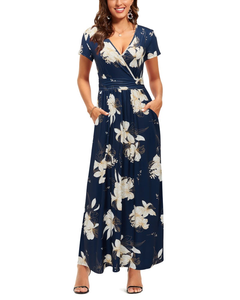 OUGES Women's V-Neck Pattern Pocket Maxi Long Dress(Floral-32,M) - Image 1